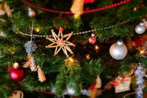 Christmas Ornaments on lit tree