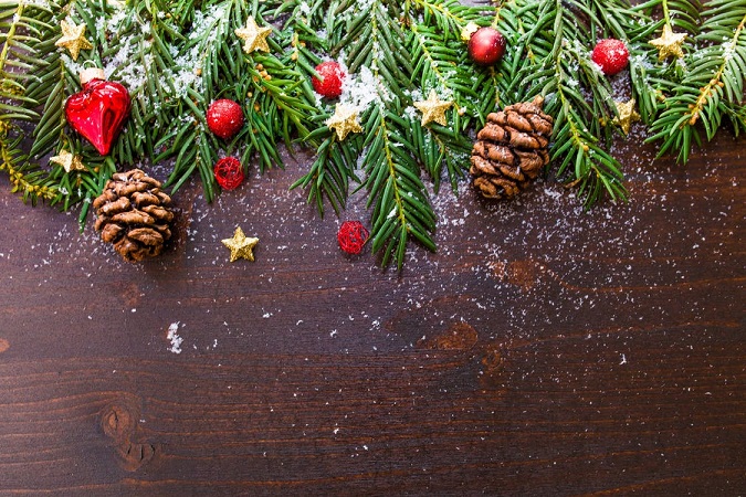 Decorated Pine falling over plank of wood